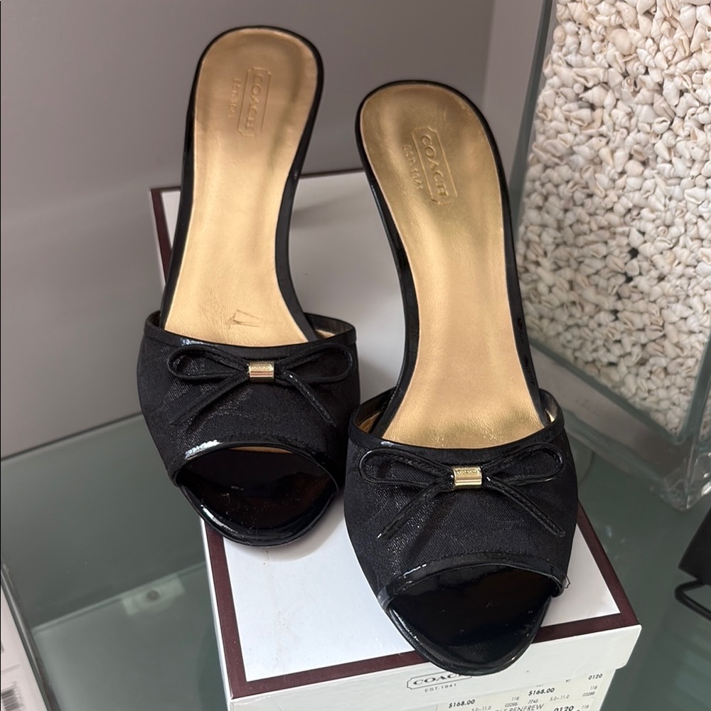 Coach Black Patent Leather Kitten Heel Mules